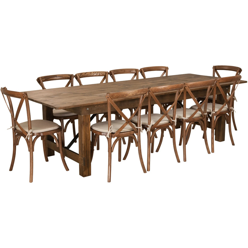 Boston 9' x 40'' Antique Rustic Folding Farm Table Set w/10 Cross Back Chairs, Cushions iHome Studio