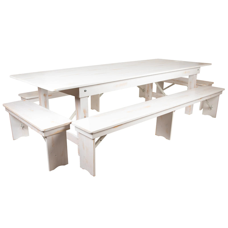 Boston 9' x 40" Antique Rustic White Folding Farm Table and Four Bench Set iHome Studio