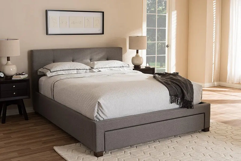 Brandy Grey Fabric Platform Bed w/Grid Tufted Headboard & Storage Drawer (King) iHome Studio