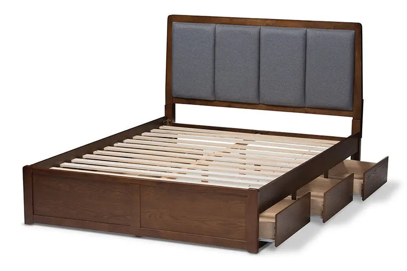 Brannigan Dark Grey Fabric Upholstered Walnut Storage Platform Bed (Queen) iHome Studio