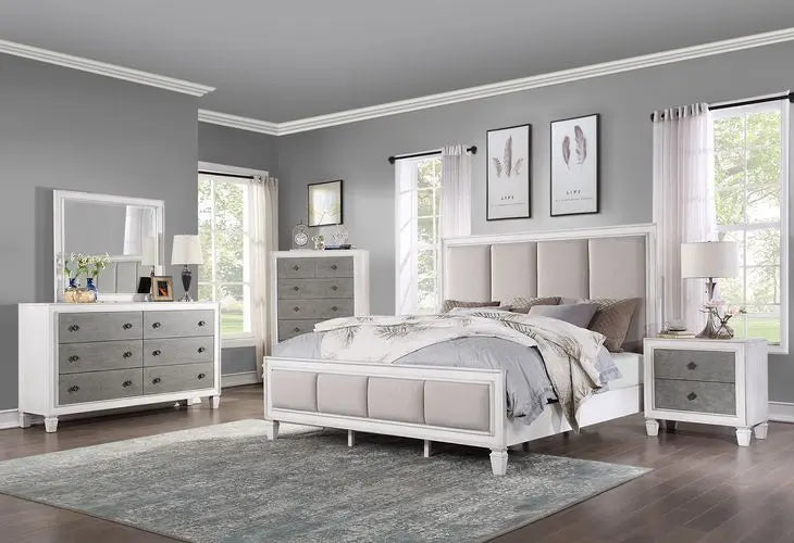 Branson King Bed, Light Gray Linen, Rustic Gray & Weathered White Finish iHome Studio