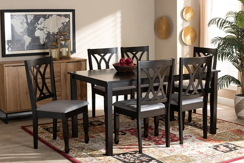 Brea Grey Fabric Upholstered Espresso Brown Finished Wood 7pcs Dining Set iHome Studio