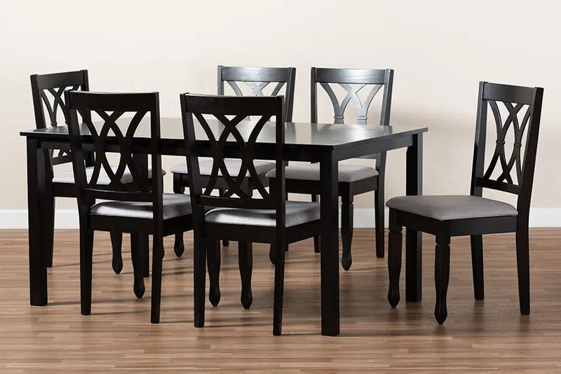 Brea Grey Fabric Upholstered Espresso Brown Finished Wood 7pcs Dining Set iHome Studio