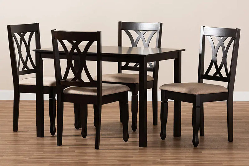 Brea Sand Fabric Upholstered Espresso Brown Finished Wood 5pcs Dining Set iHome Studio