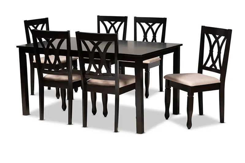 Brea Sand Fabric Upholstered Espresso Brown Finished Wood 7pcs Dining Set iHome Studio
