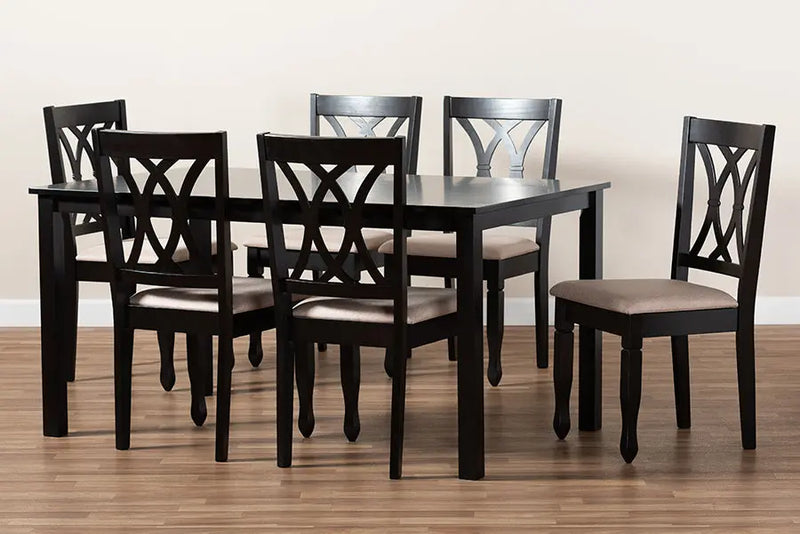 Brea Sand Fabric Upholstered Espresso Brown Finished Wood 7pcs Dining Set iHome Studio