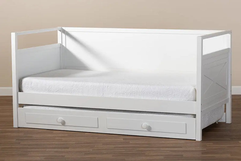 Briana Cottage Farmhouse White Finished Wood Twin Size Daybed w/Trundle iHome Studio