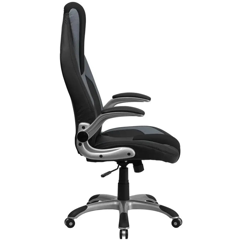 Bridgettine High-Back Black & Gray Vinyl Executive Swivel Chair w/Flip-Up Arms iHome Studio