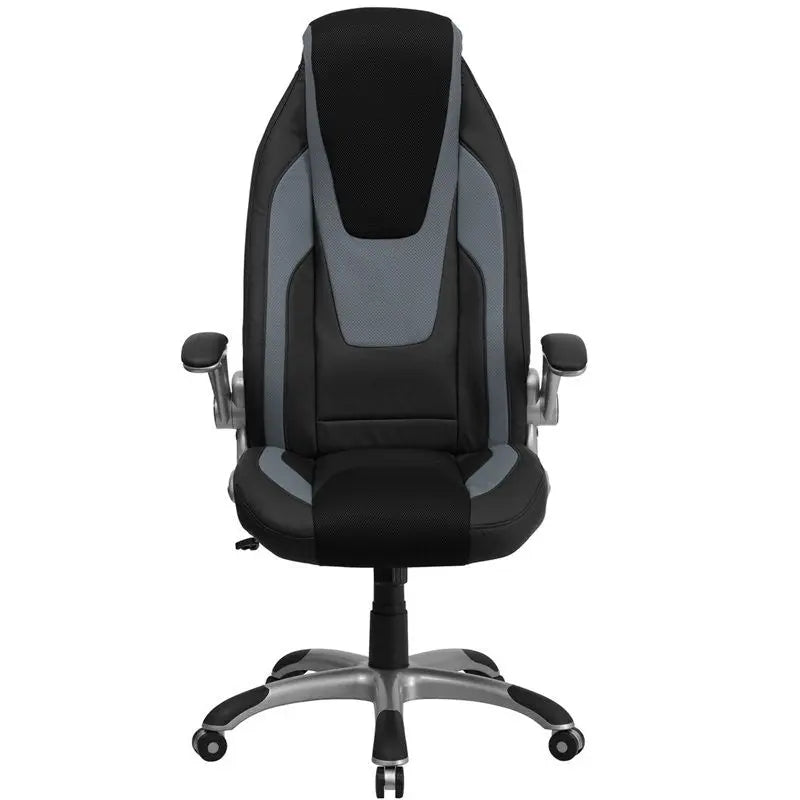 Bridgettine High-Back Black & Gray Vinyl Executive Swivel Chair w/Flip-Up Arms iHome Studio