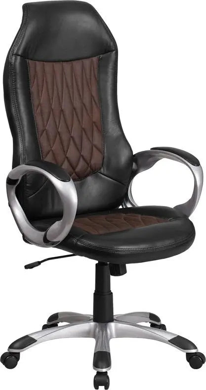 Bridgettine High-Back Brown Fabric & Black Vinyl Executive Swivel Chair w/Arms iHome Studio