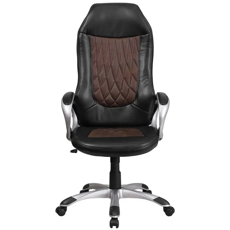 Bridgettine High-Back Brown Fabric & Black Vinyl Executive Swivel Chair w/Arms iHome Studio