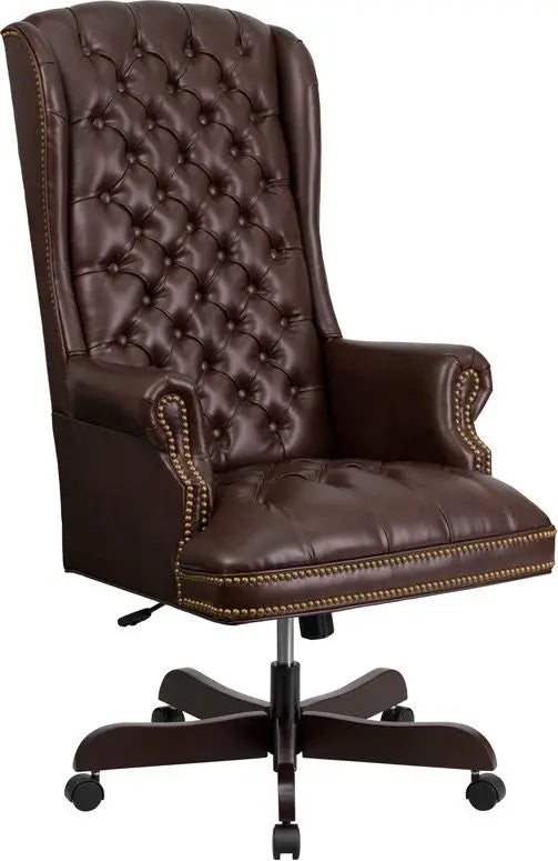 Bridgettine High-Back Button Tufted Brown Leather Executive Swivel Chair w/Arms iHome Studio