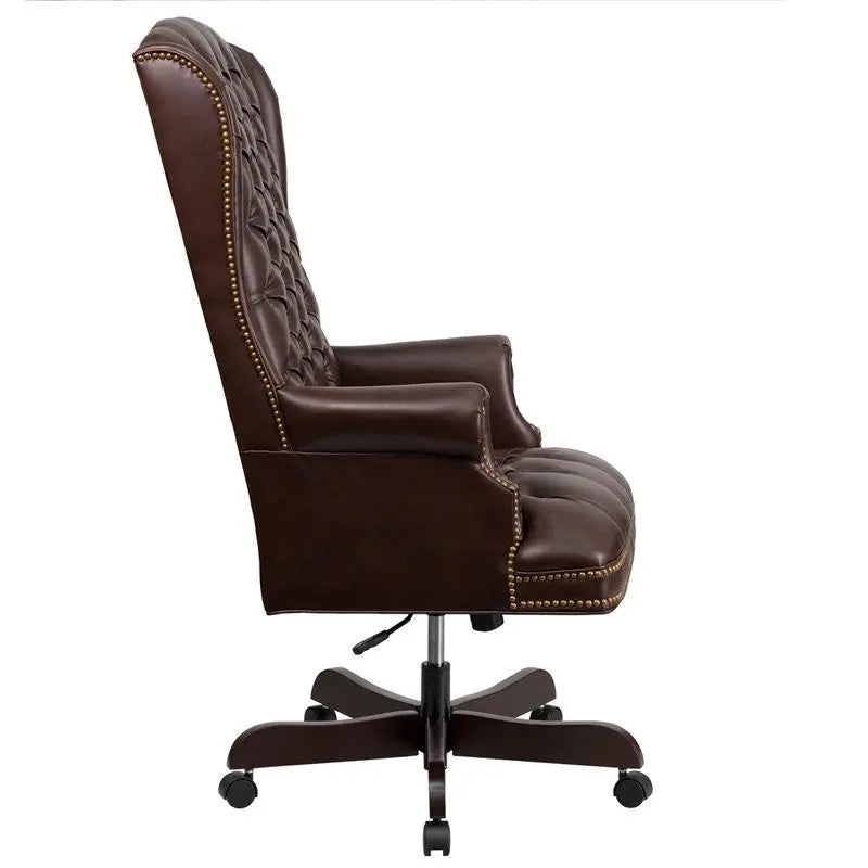 Bridgettine High-Back Button Tufted Brown Leather Executive Swivel Chair w/Arms iHome Studio