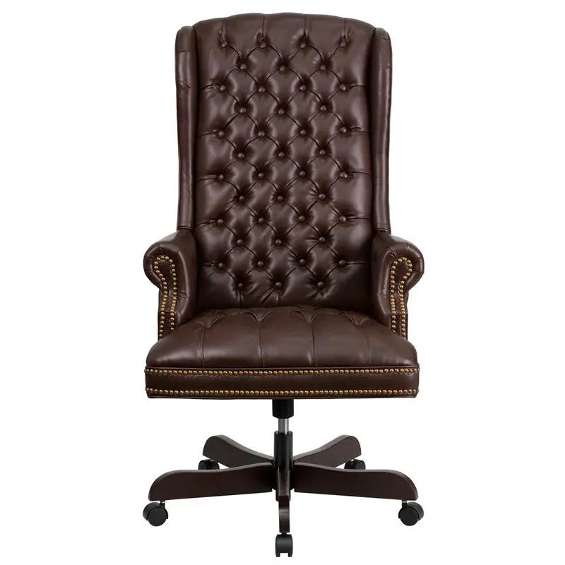 Bridgettine High-Back Button Tufted Brown Leather Executive Swivel Chair w/Arms iHome Studio