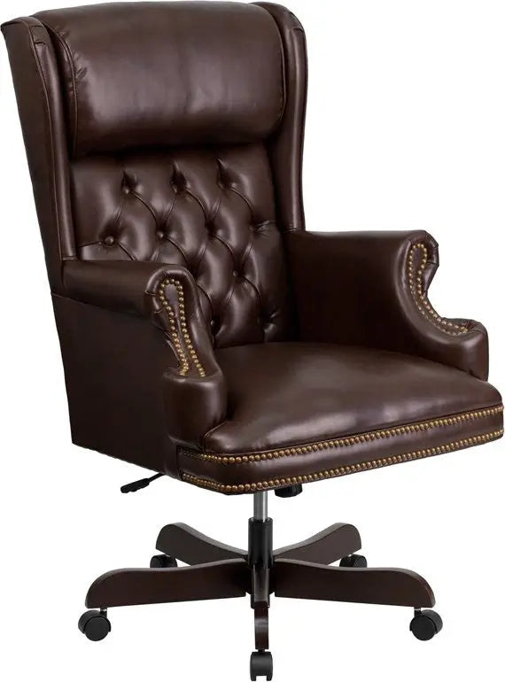 Bridgettine High-Back Tufted Brown Leather Executive Swivel Chair w/Arms iHome Studio