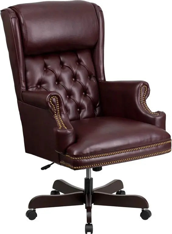 Bridgettine High-Back Tufted Burgundy Leather Executive Swivel Chair w/Arms iHome Studio