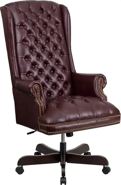 Bridgettine High-Back Tufted Burgundy Leather Executive Swivel Chair, Arms, Tilt iHome Studio