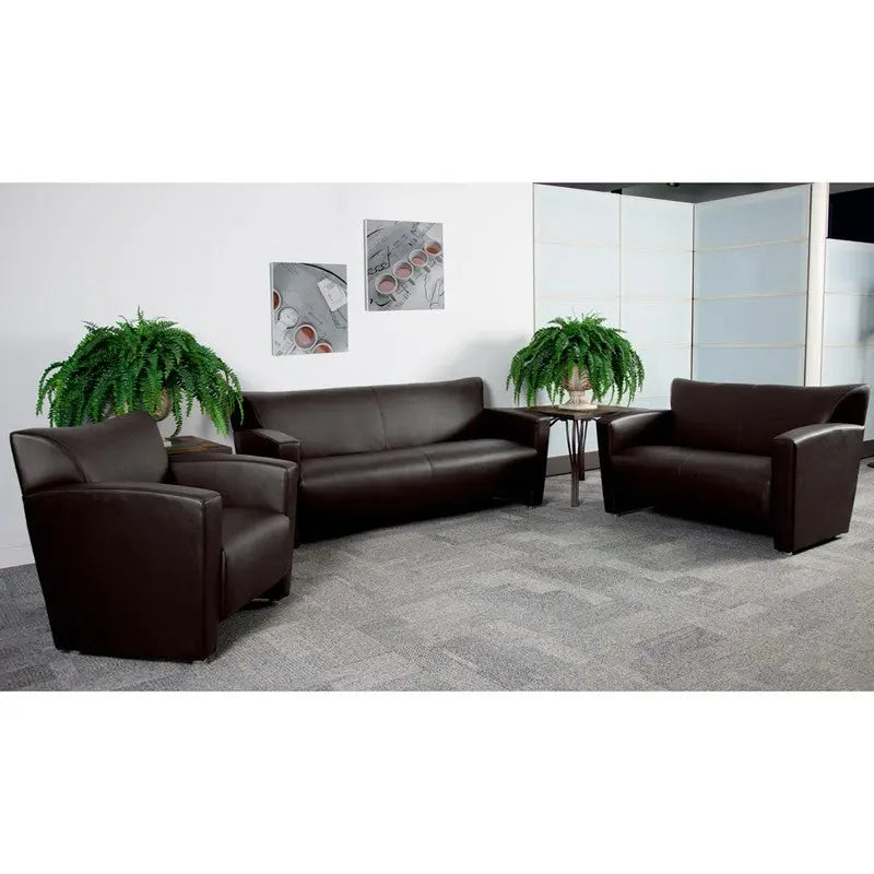 Brielle 3pcs Office Leather Sofa Sets, Brown, Alum Ft iHome Studio