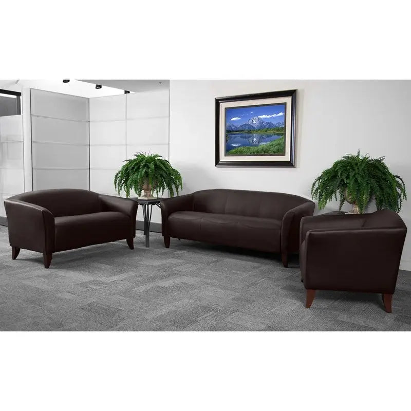 Brielle 3pcs Office Leather Sofa Sets, Brown, Wood Ft iHome Studio