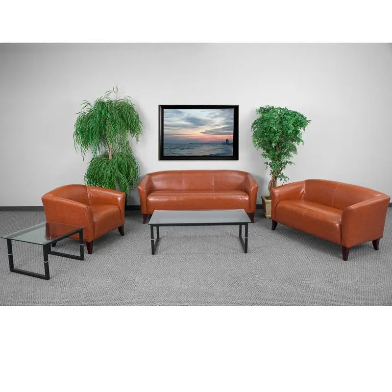 Brielle 3pcs Office Leather Sofa Sets, Cognac, Wood Ft iHome Studio
