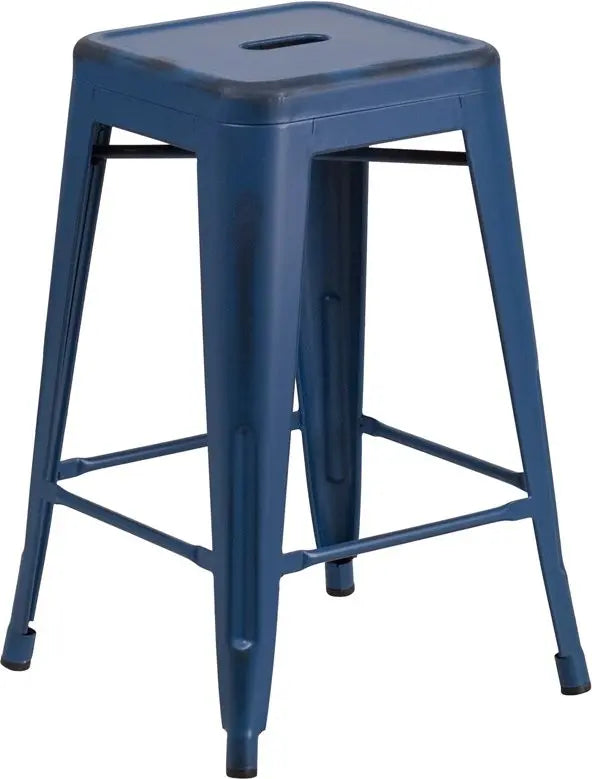 Brimmes 24"H Metal Counter Stool Backless Distressed Antique Blue, Stackable iHome Studio