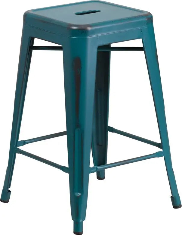 Brimmes 24"H Metal Counter Stool Backless Distressed Blue-Teal, Stackable iHome Studio