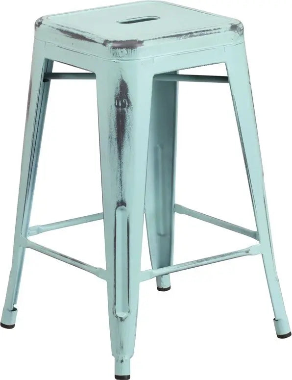Brimmes 24"H Metal Counter Stool Backless Distressed Green-Blue, Stackable iHome Studio