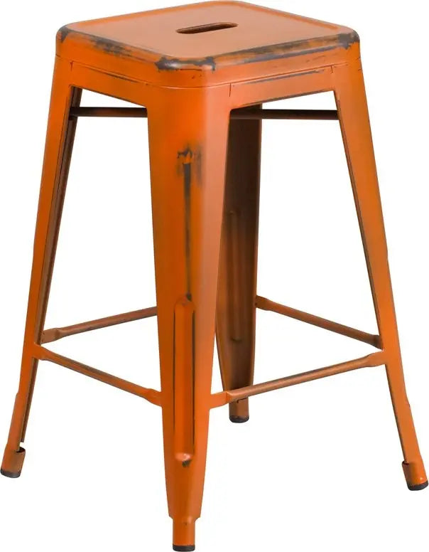 Brimmes 24"H Metal Counter Stool Backless Distressed Orange, Stackable iHome Studio