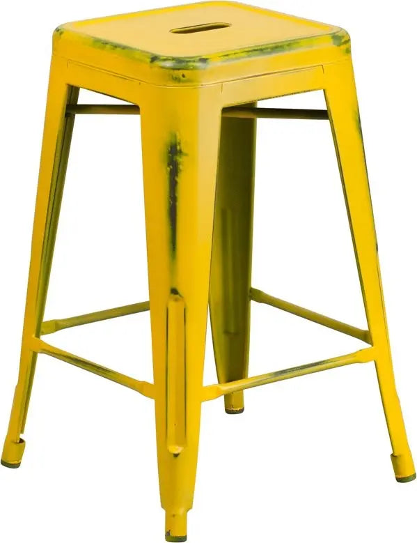 Brimmes 24"H Metal Counter Stool Backless Distressed Yellow, Stackable iHome Studio