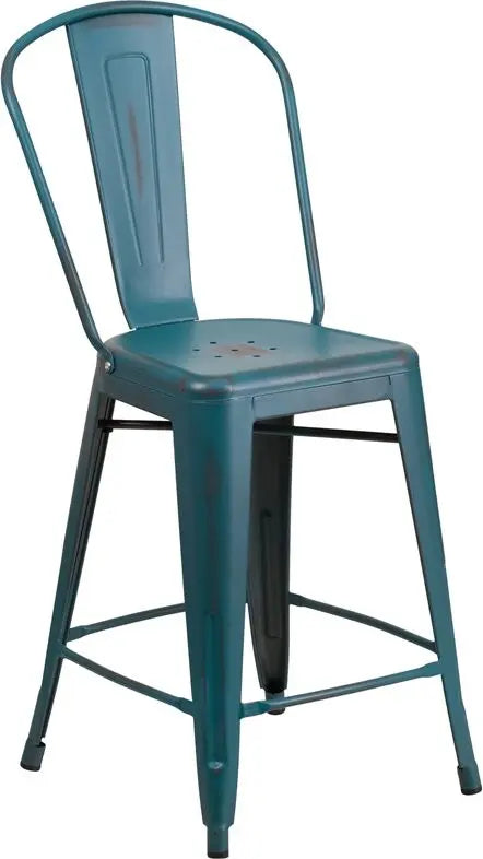 Brimmes 24"H Metal Counter Stool Distressed Blue-Teal w/Curved Vertical Slat iHome Studio