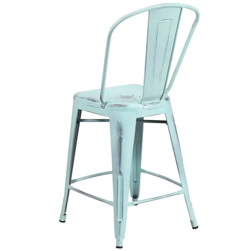 Brimmes 24"H Metal Counter Stool Distressed Green-Blue w/Curved Vertical Slat iHome Studio