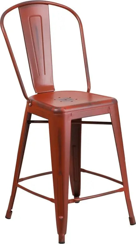 Brimmes 24"H Metal Counter Stool Distressed Red w/Curved Vertical Slat iHome Studio