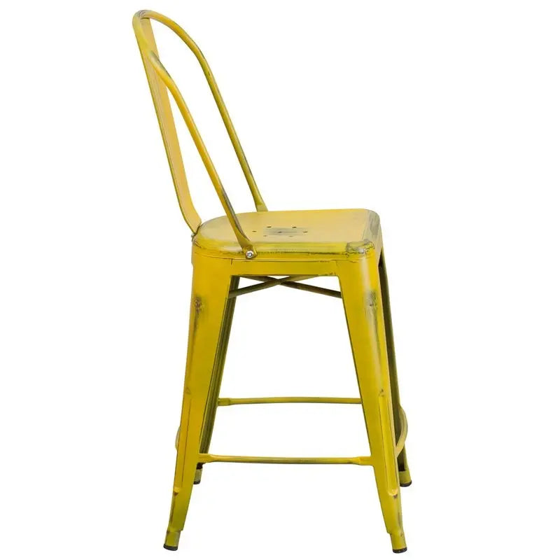 Brimmes 24"H Metal Counter Stool Distressed Yellow w/Curved Vertical Slat iHome Studio