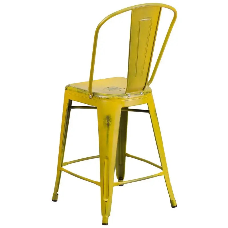 Brimmes 24"H Metal Counter Stool Distressed Yellow w/Curved Vertical Slat iHome Studio