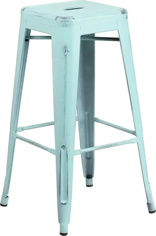 Brimmes 30"H Metal Barstool Backless Distressed Green-Blue, Stackable iHome Studio