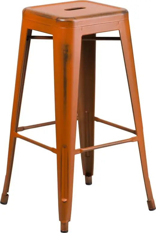Brimmes 30"H Metal Barstool Backless Distressed Orange, Stackable iHome Studio
