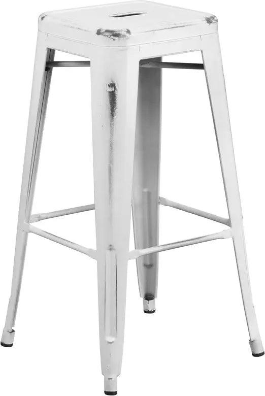 Brimmes 30"H Metal Barstool Backless Distressed White, Stackable iHome Studio