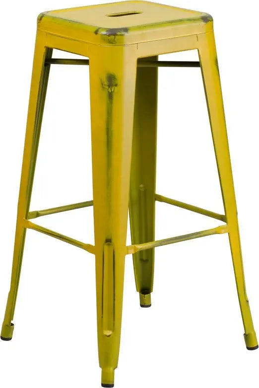 Brimmes 30"H Metal Barstool Backless Distressed Yellow, Stackable iHome Studio