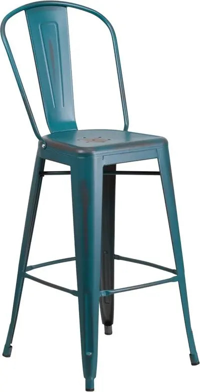 Brimmes 30"H Metal Barstool Distressed Blue-Teal w/Curved Vertical Slat iHome Studio