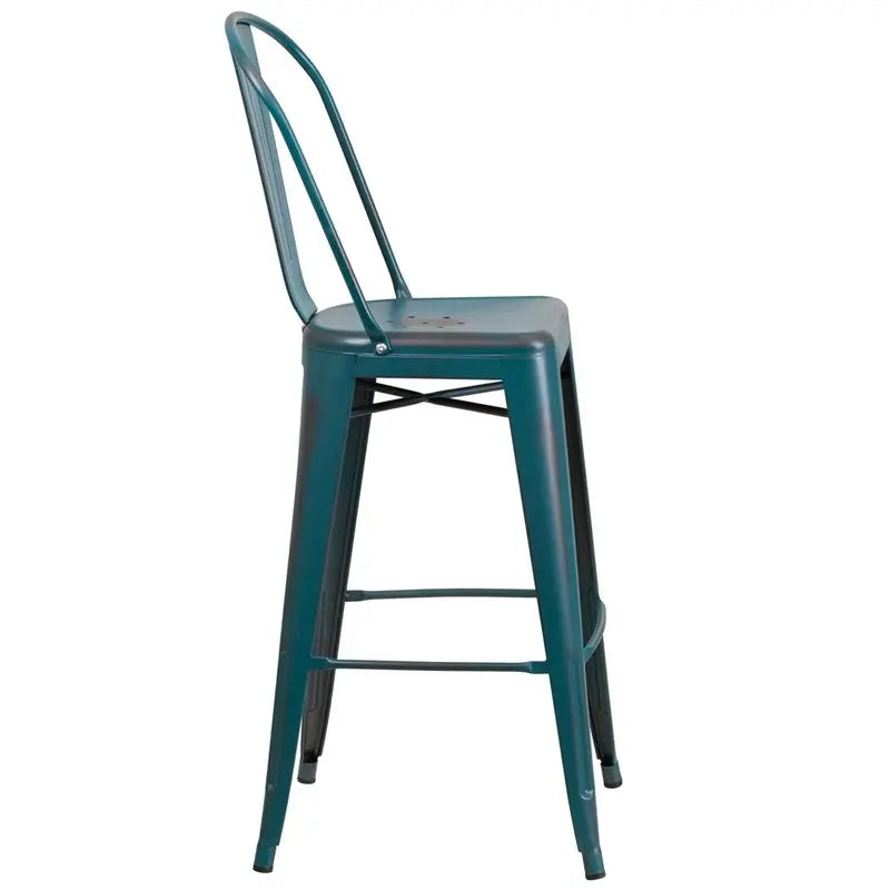 Brimmes 30"H Metal Barstool Distressed Blue-Teal w/Curved Vertical Slat iHome Studio