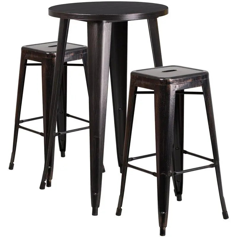 Brimmes 3pcs Round 24'' Black-Antique Gold Metal Table w/2 Square Backless Barstool iHome Studio