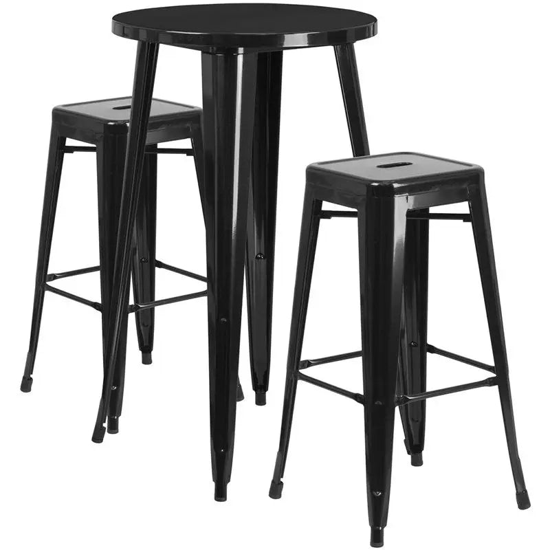 Brimmes 3pcs Round 24'' Black Metal Table w/2 Square Seat Backless Barstool iHome Studio