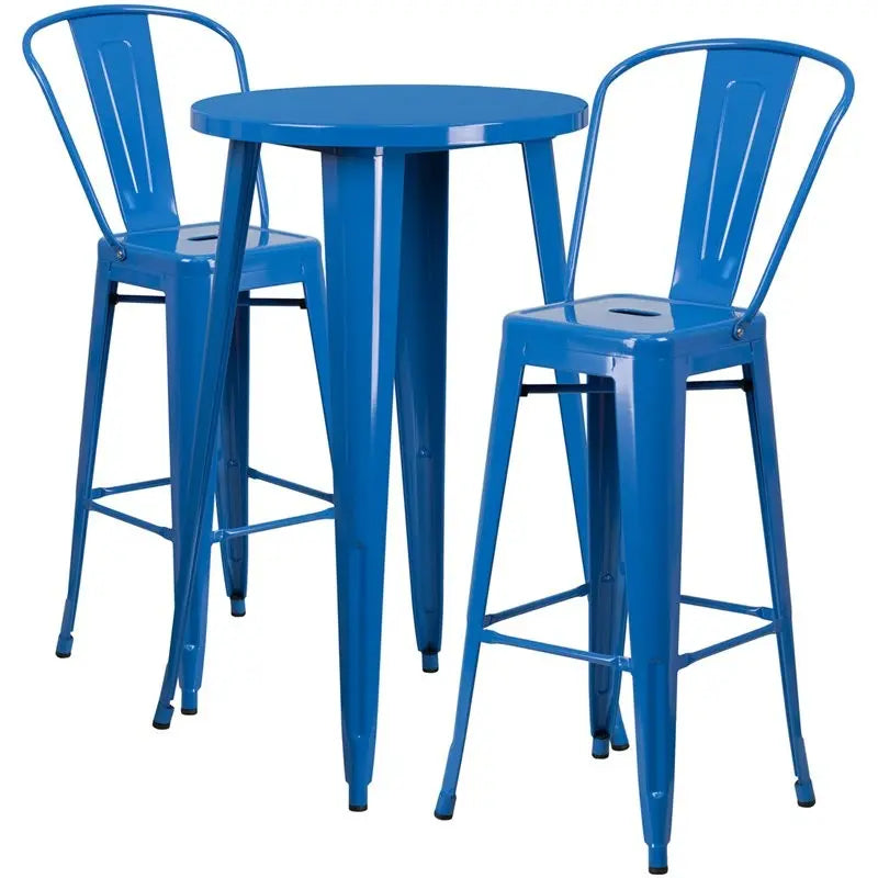 Brimmes 3pcs Round 24'' Blue Metal Table w/2 Cafe Barstool iHome Studio