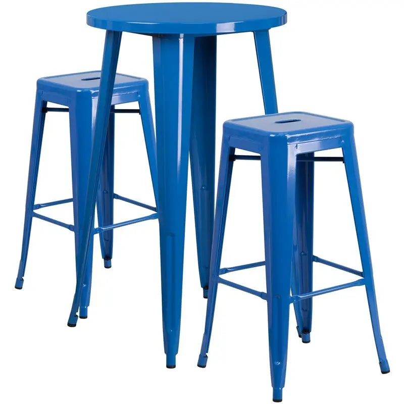 Brimmes 3pcs Round 24'' Blue Metal Table w/2 Square Seat Backless Barstool iHome Studio