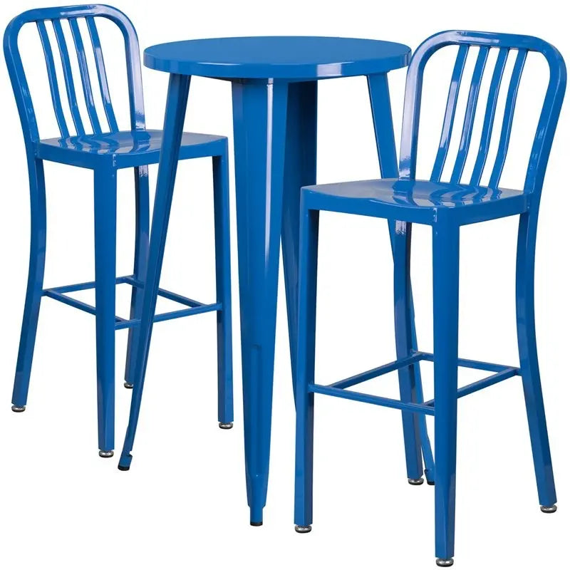 Brimmes 3pcs Round 24'' Blue Metal Table w/2 Vertical Slat Back Barstool iHome Studio