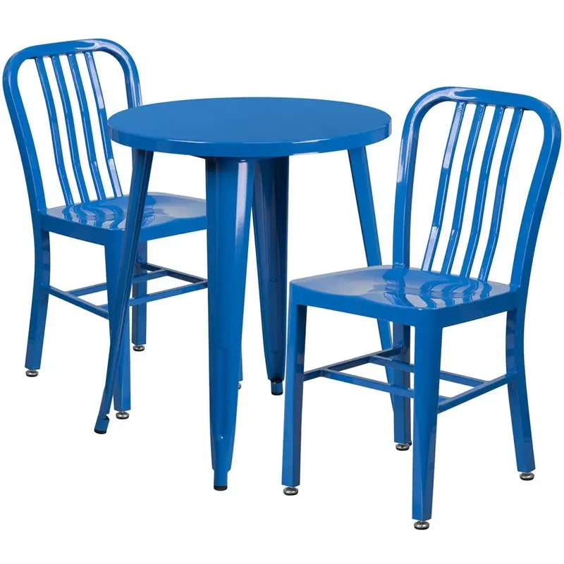 Brimmes 3pcs Round 24'' Blue Metal Table w/2 Vertical Slat Back Chairs iHome Studio
