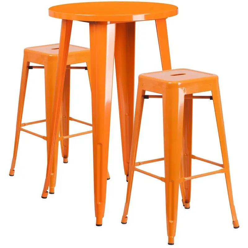 Brimmes 3pcs Round 24'' Orange Metal Table w/2 Square Seat Backless Barstool iHome Studio