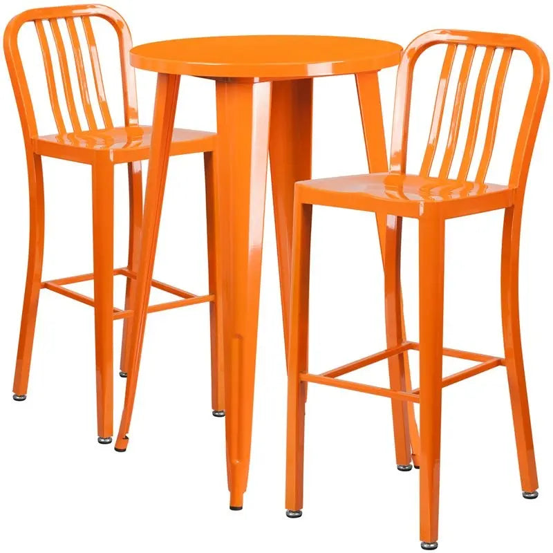 Brimmes 3pcs Round 24'' Orange Metal Table w/2 Vertical Slat Back Barstool iHome Studio