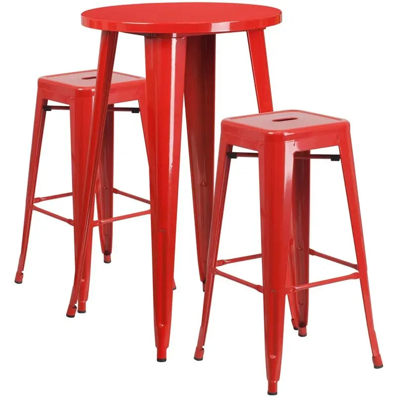 Brimmes 3pcs Round 24'' Red Metal Table w/2 Square Seat Backless Barstool iHome Studio