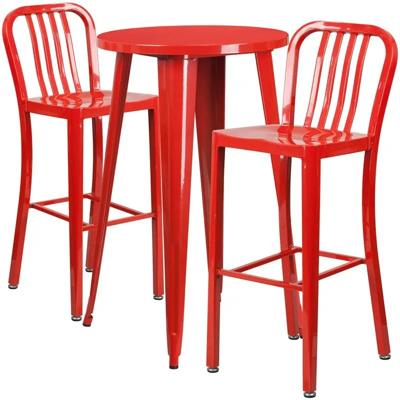 Brimmes 3pcs Round 24'' Red Metal Table w/2 Vertical Slat Back Barstool iHome Studio